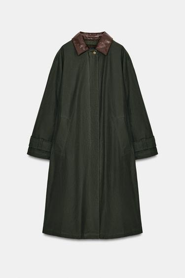 TRENCH بياقة جلدية متباينة ZW COLLECTION - أخضر رمادي الخاص بـ Zara