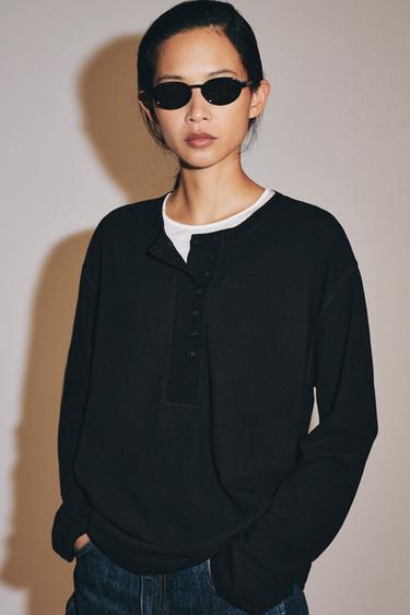 LINEN BLEND HENLEY T-SHIRT - Black by Zara
