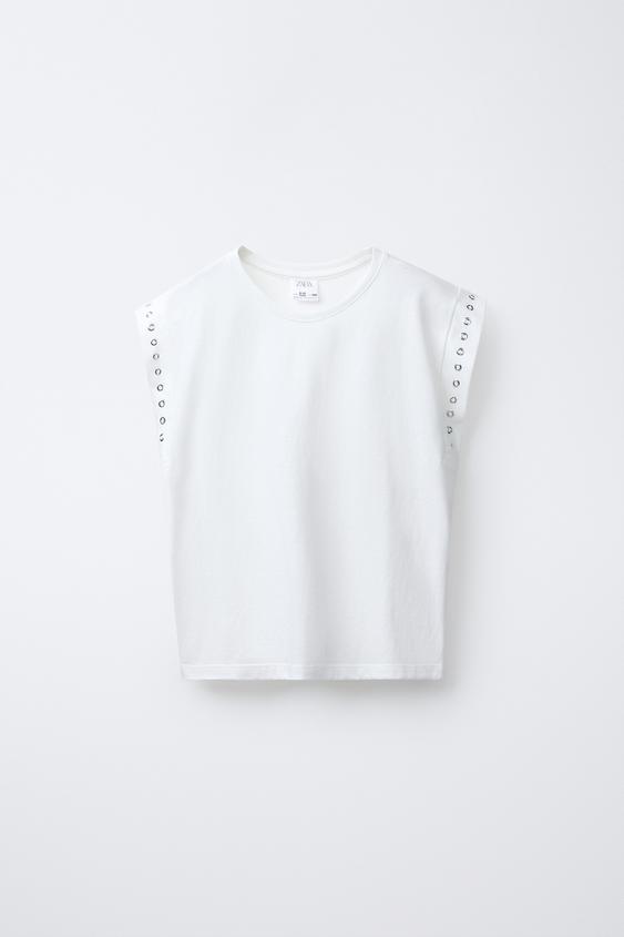 CAMISETA PESTAÑA EYELETS - Blanco roto de Zara - Imagen 0