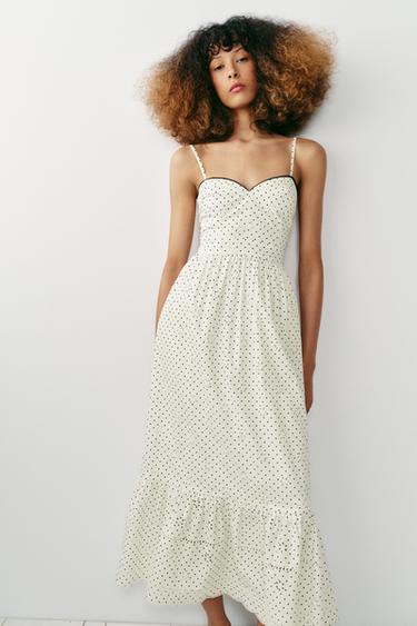 PRINTED MIDI DRESS WITH CUTWORK EMBROIDERY - Ecru / Navy by Zara