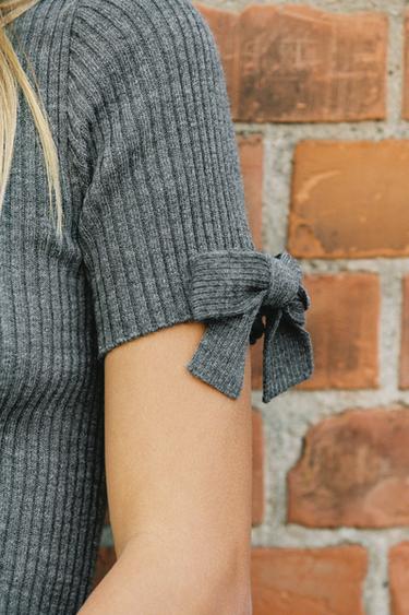 RIBBED KNIT SWEATER WITH BOWS - Grey by Zara - Image 3