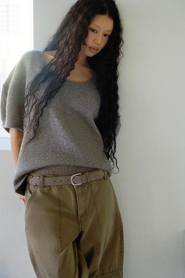 100% SUEDE LEATHER BELT WITH STUDS - Beige by Zara