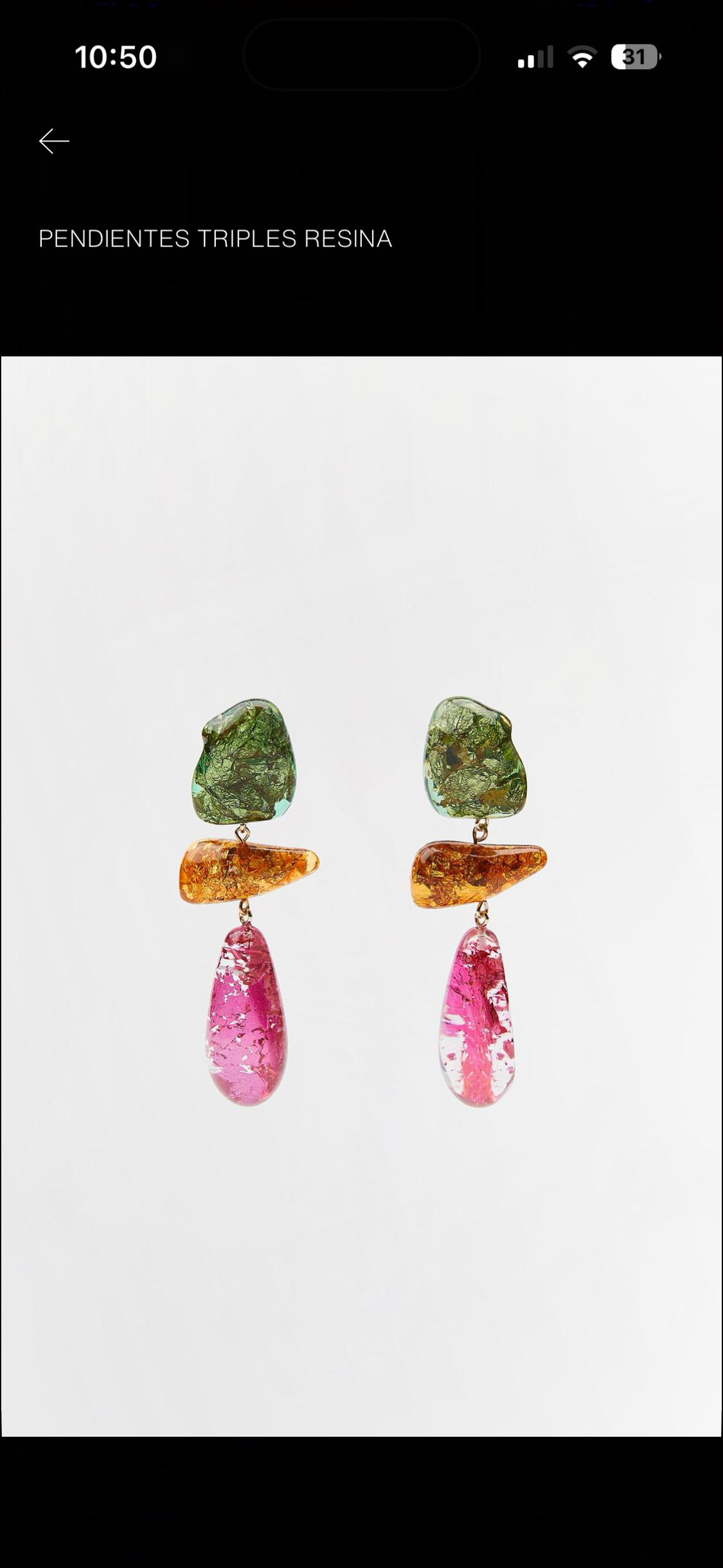 Three-piece resin earrings in green, orange and pink on a white background. Text: 10:50 31 TRIPLE RESIN EARRINGS.