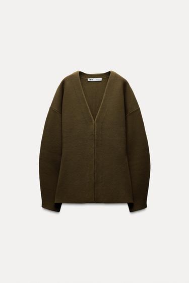 Zara FITTED WAIST PLAIN KNIT CARDIGAN - Olive green