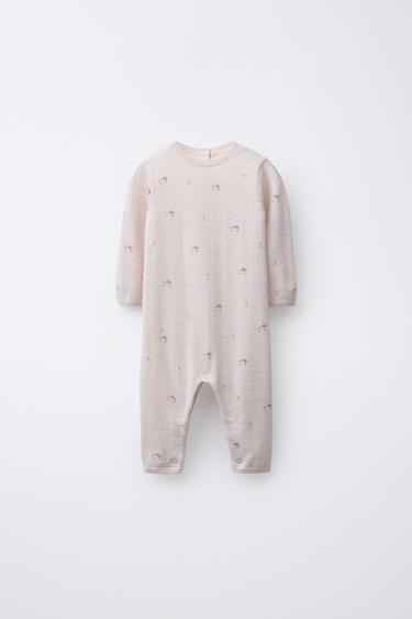 Zara 100% MERINO WOOL BIRD PRINT LONG JUMPSUIT - Pale pink
