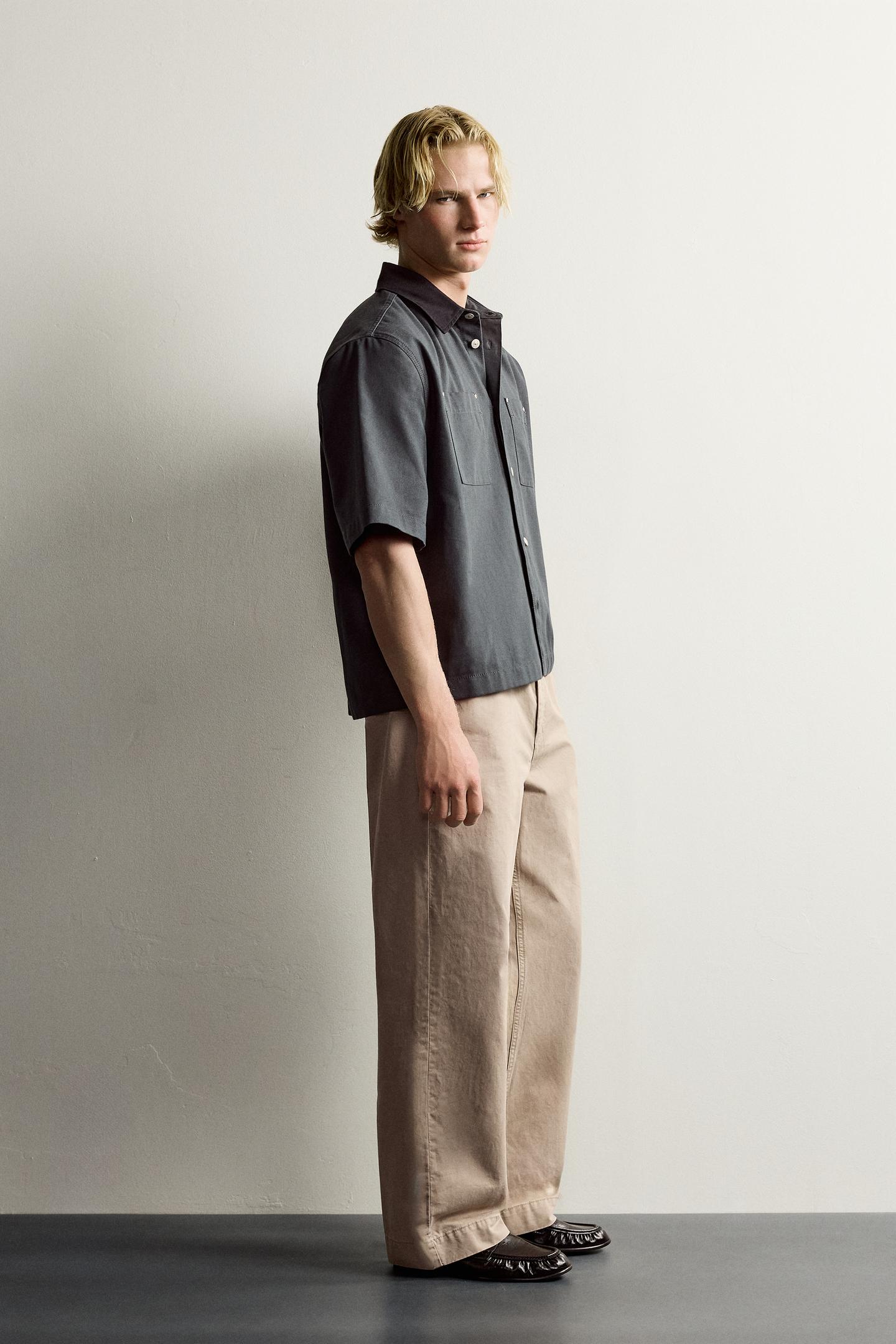 Мужская рубашка Zara Contrast Collar Pocket, цвет: Антрацитовый серый — фото 4