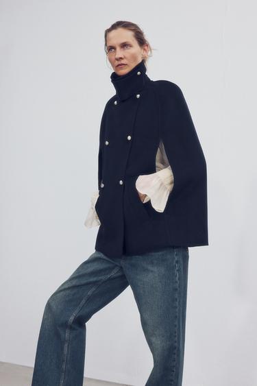 ZW COLLECTION WOOL BLEND BUTTON CAPE — Dark navy 2