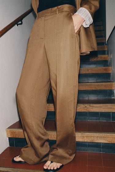LINEN BLEND STRAIGHT-LEG TROUSERS - Caramel by Zara