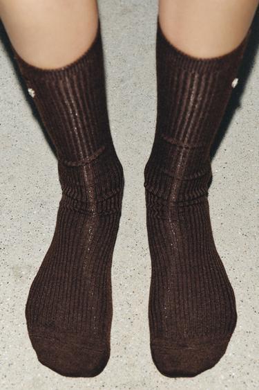 WOOL SOCKS WITH JEWELS AND BEADS - Brown by Zara - Image 1