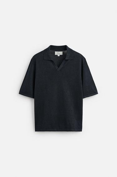 100% HEMP KNIT POLO SHIRT - Navy blue by Zara - Image 6