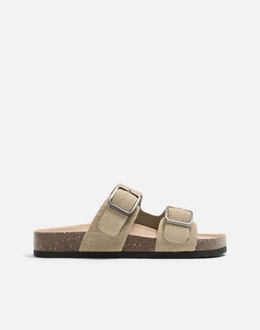 Zara DOUBLE STRAP LEATHER SANDALS - Sandy Brown