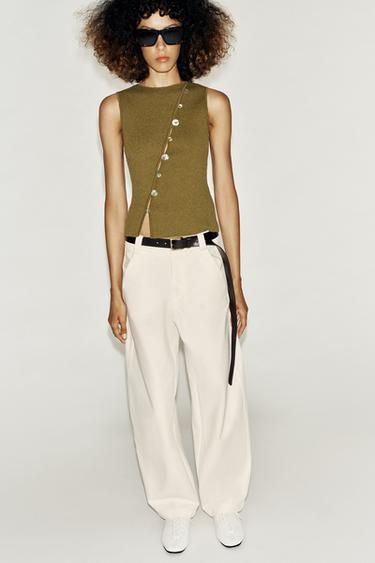 ASYMMETRIC BUTTONED KNIT TOP - Dark khaki by Zara - Image 0