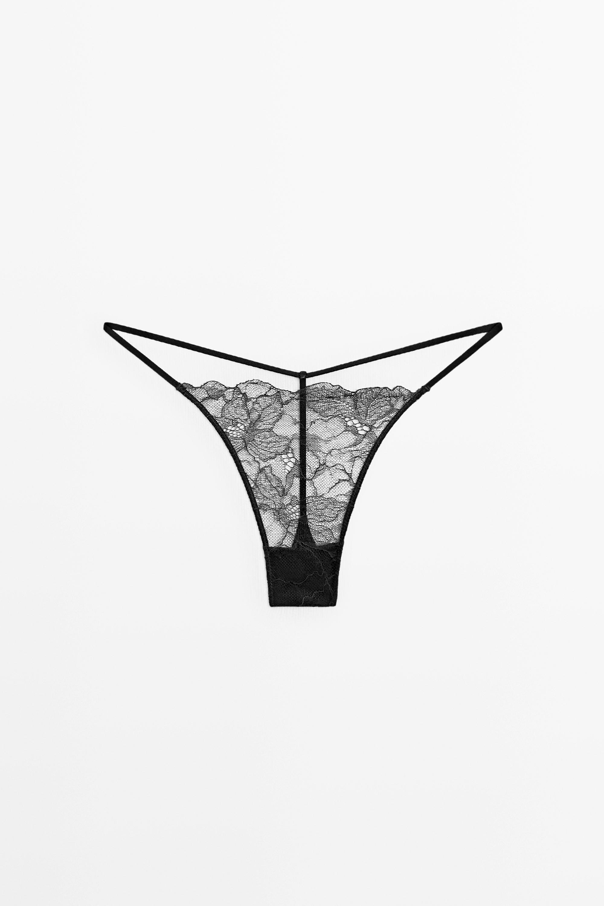 Wavy-trim lace thong — Black