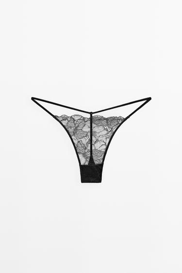 Zara Wavy-trim lace thong - Black