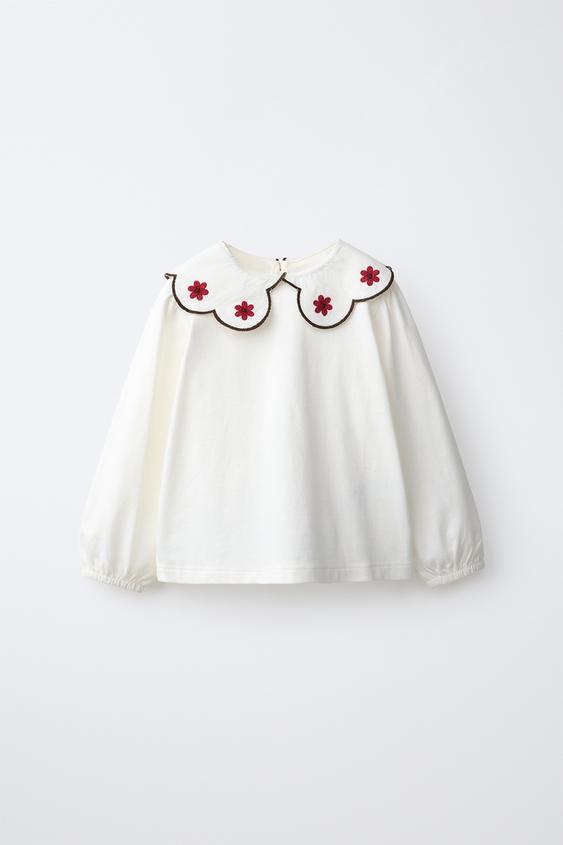 BLOUSE À COL CLAUDINE ET FLEURS BRODÉES - Écru de Zara - Image 0