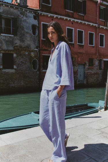 Zara LINEN PANTS WITH PIPING - Light blue