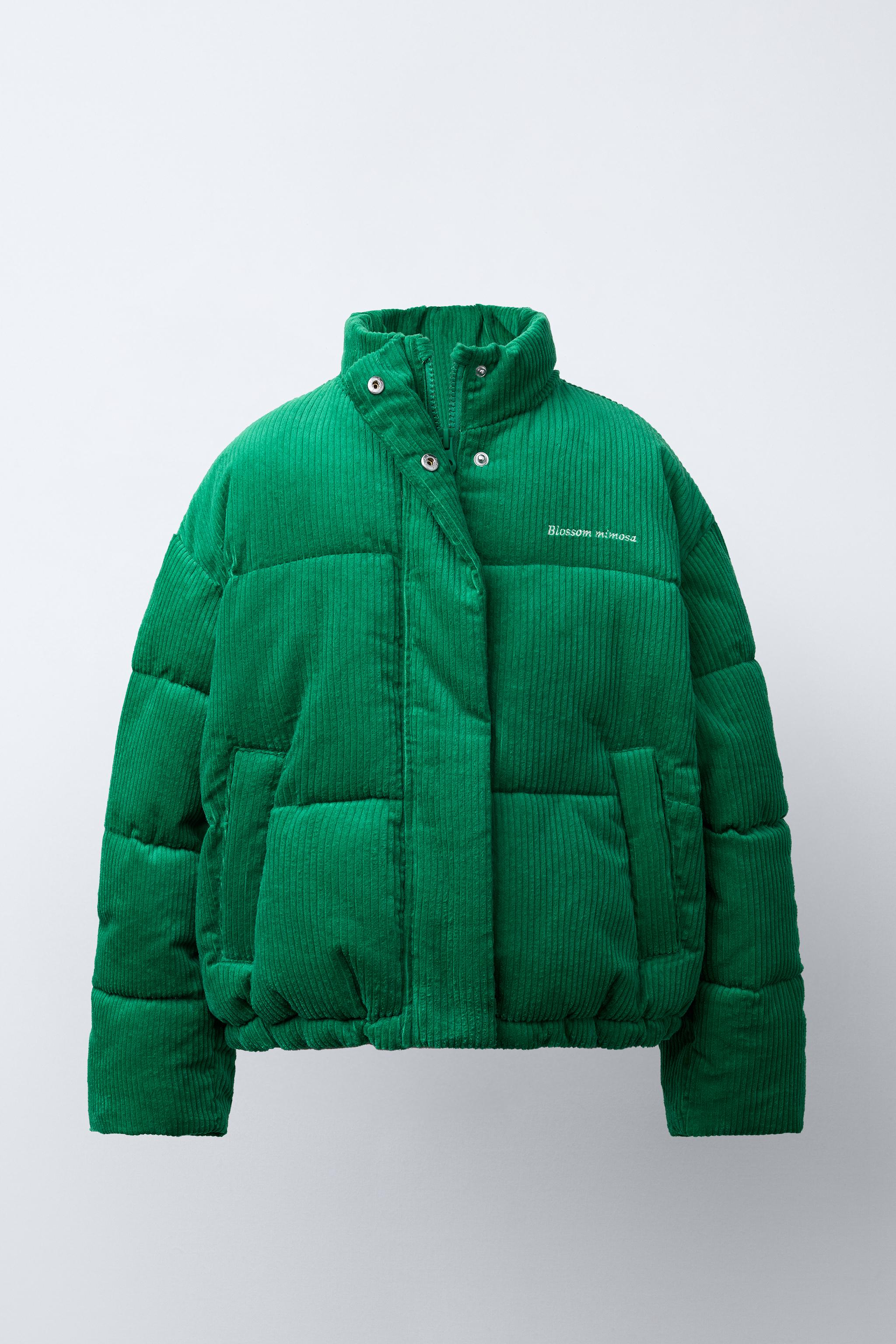 新品未使用eaphi CORDUROY PUFFY JACKET EMBROIDERED TEXT CORDUROY PUFFER JACKET - Green | ZARA