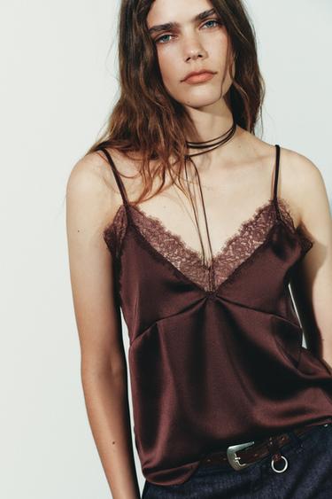 SATIN TOP WITH LACE - chocolate by Zara - Image 2