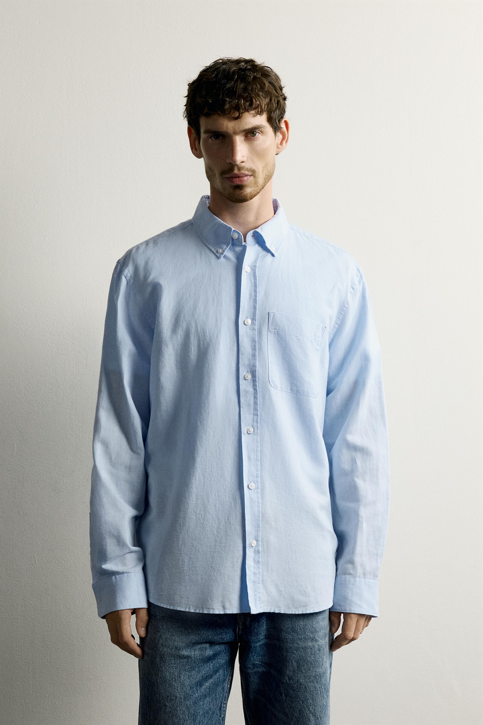 LINEN COTTON BLEND REGULAR FIT SHIRT — Sky blue (alternate view)