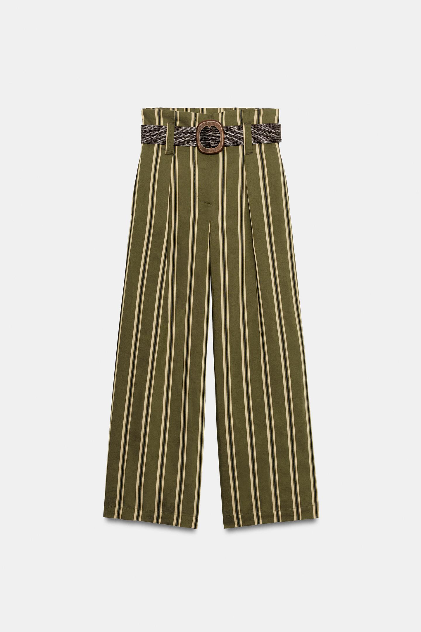 Женские брюки Zara Belted Striped, цвет: Экрю / Зелёный — фото 6