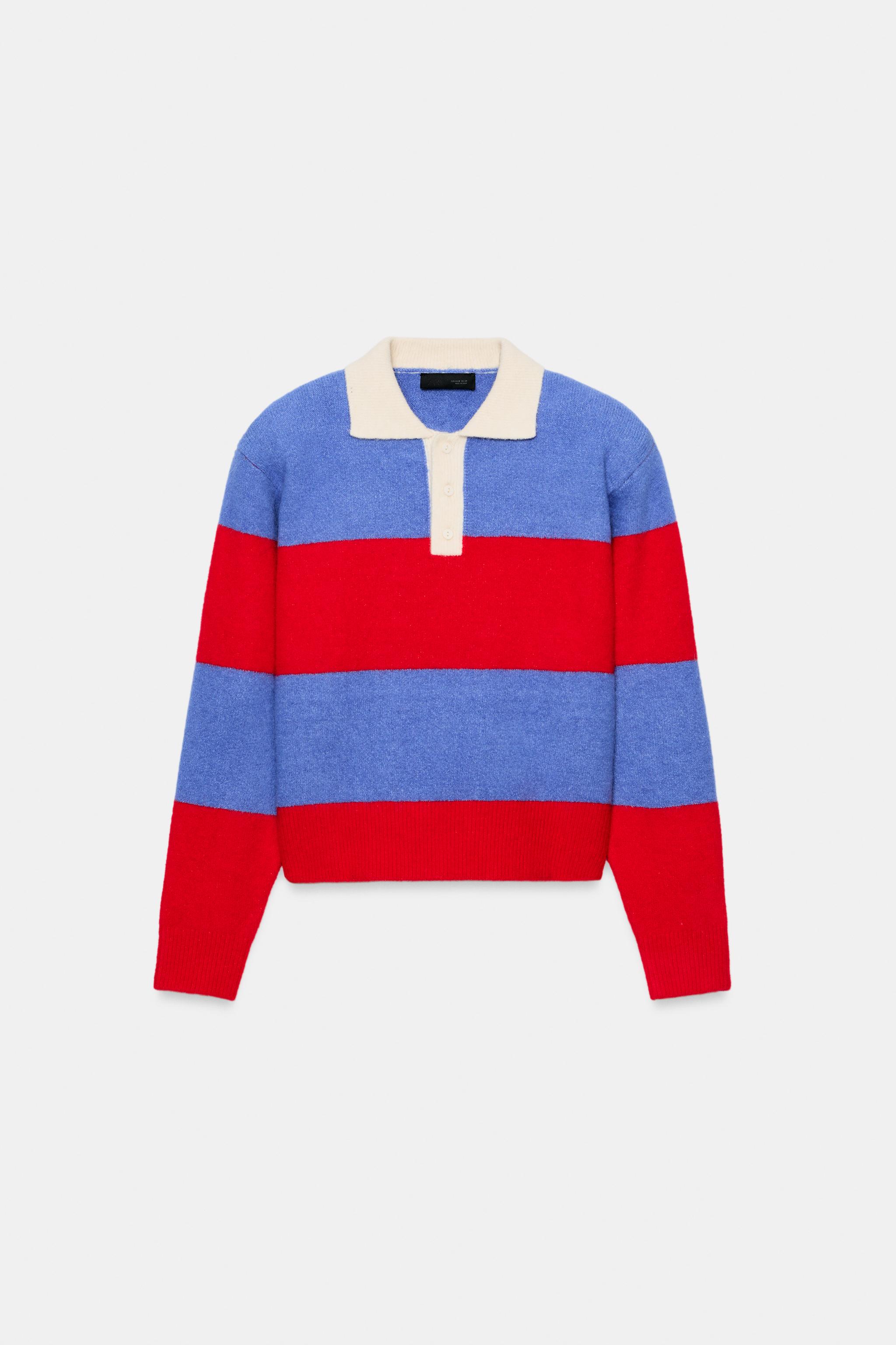 Zara ÇİZGİLİ VATKALI POLO YAKA KAZAK görsel 5