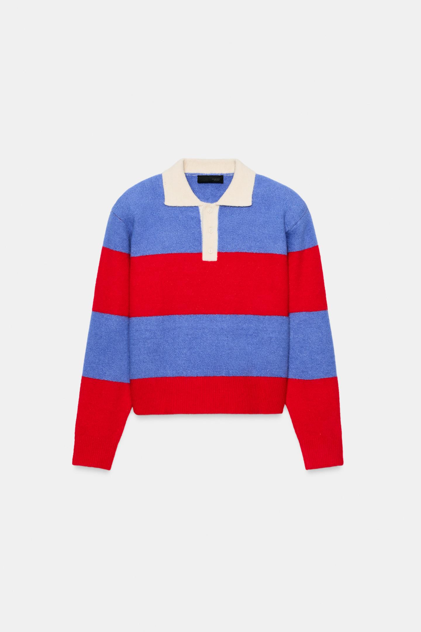 Женский свитер Zara Striped Knit Polo Sweater with Shoulder Pads, цвет: Белый / Красный — фото 5