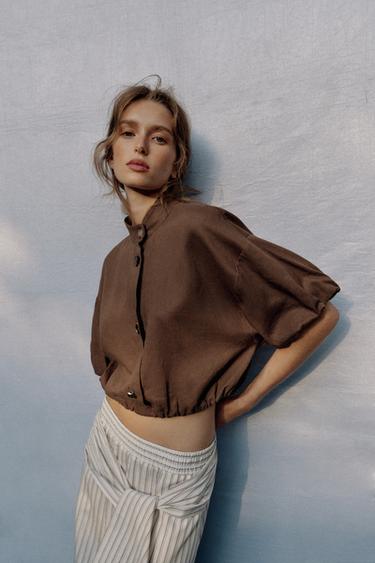 Zara LINEN BLEND BALLOON SHIRT - Brown / Taupe