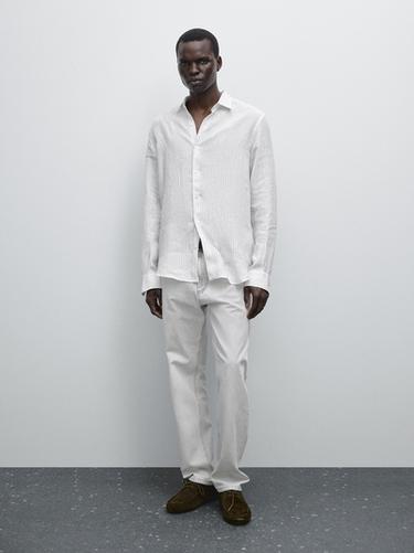 Zara Striped slim fit linen shirt - White