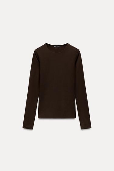 TRIČKO S DLOUHÝM RUKÁVEM - Čokoládová od Zara