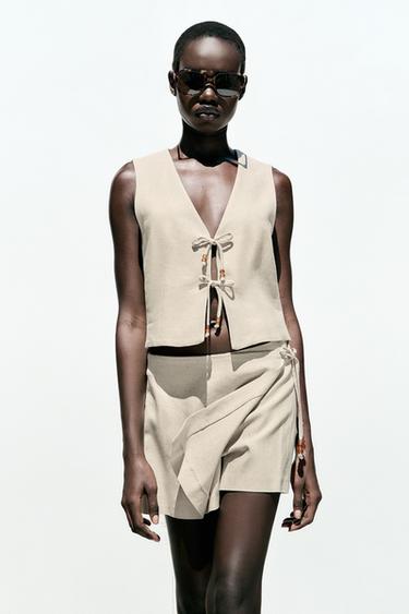 BEADED LINEN BLEND WAISTCOAT - Light beige by Zara - Image 1