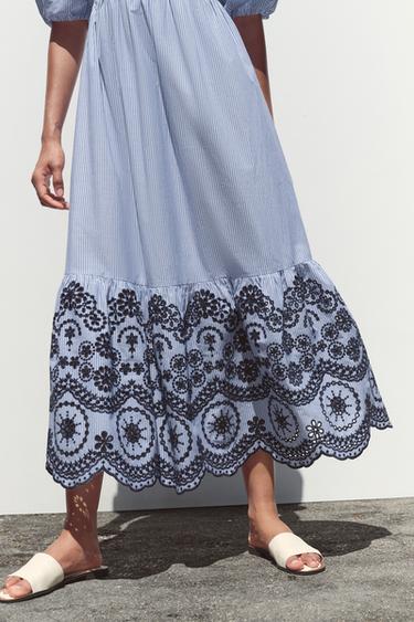 ROBE MIDI RAYURES BRODÉE - Bleu / Indigo de Zara - Image 6