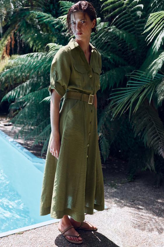 zara shirt dress khaki BELTED FLOWY SHIRT DRESS - Brown