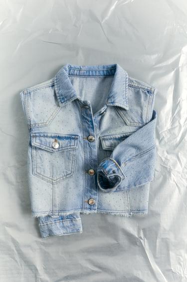Zara SPARKLY CROPPED DENIM JACKET - Light blue