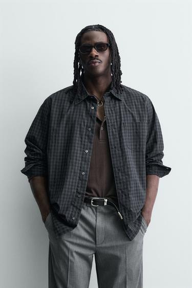 KËMISHË RELAXED FIT ME KUADRATE - Gri / Bojëqielle nga Zara