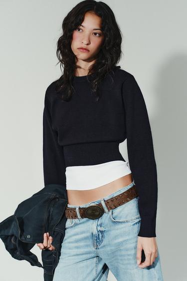 PLAIN KNIT CROP SWEATER - Navy blue by Zara