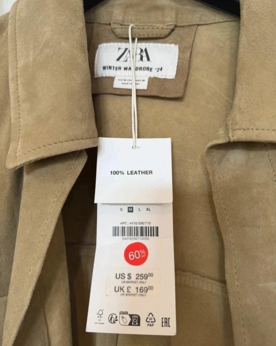 ZARA 100 LEATHER JACKET  TAN/BEIGE  SIZE M - Image 2