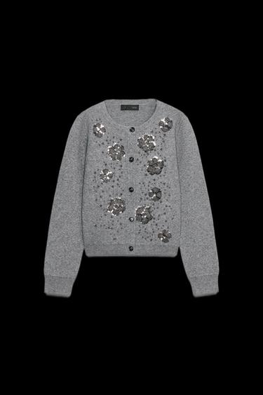 Zara BEADED KNIT CARDIGAN - Gray marl - Image 0