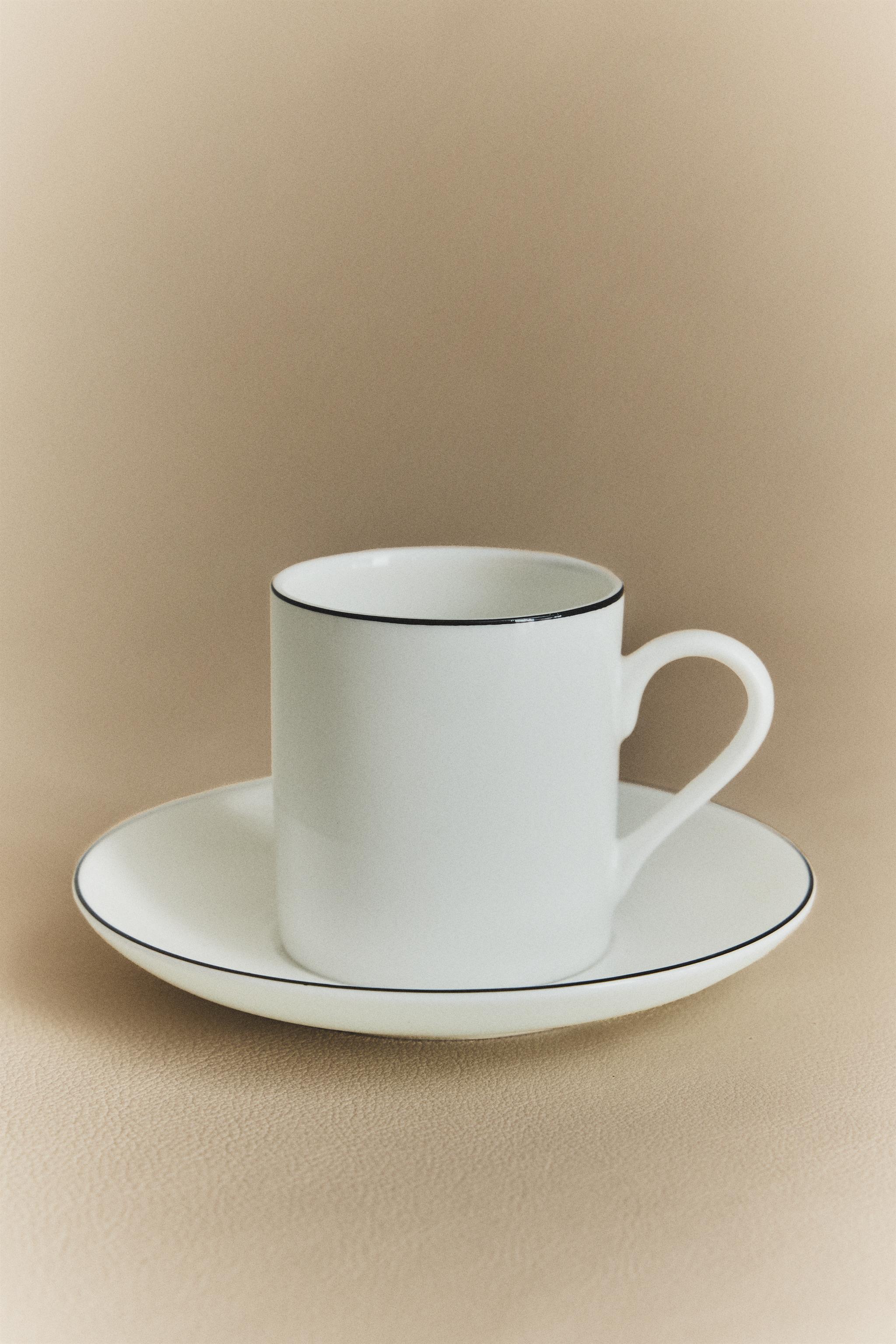 BONE CHINA COFFEE CUP AND SAUCER WITH BLACK RIM
