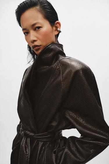 LEATHER EFFECT BELTED JACKET ZW COLLECTION - Dark brown by Zara