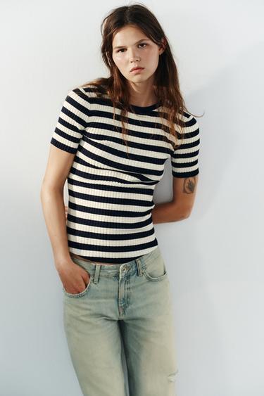 STRIPED RIBBED TOP - Navy / White by Zara