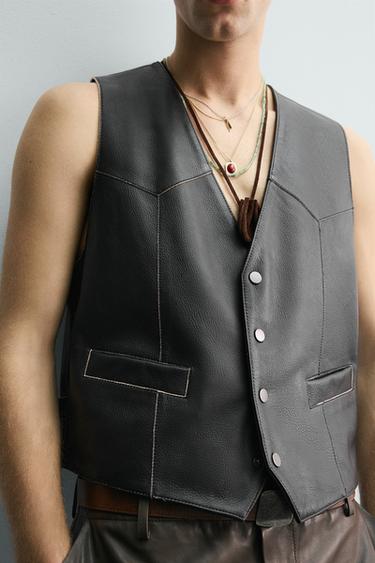 GILET EN CUIR COUTURES CONTRASTANTES - Noir de Zara - Image 5