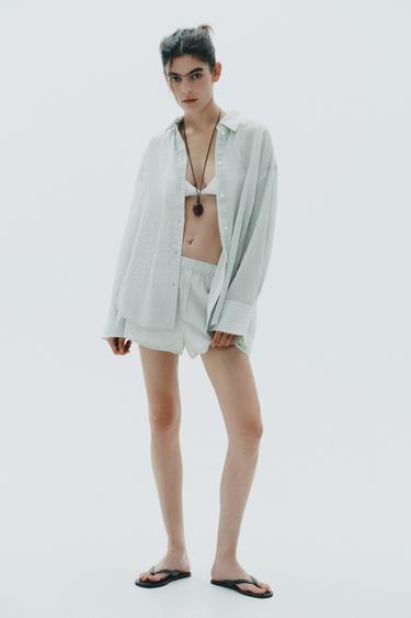 CAMISA OVERSIZE DE GAZE ÀS RISCAS - Branco / Verde da Zara