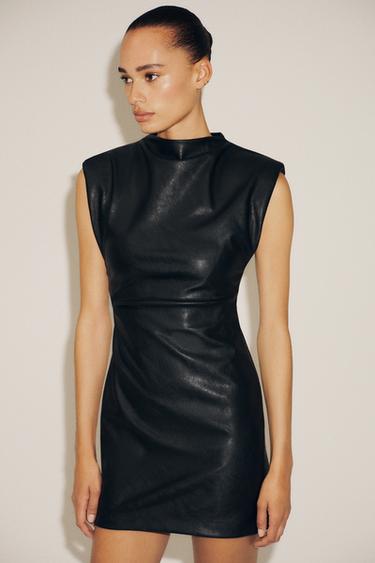 FAUX LEATHER SHORT DRESS WITH SHOULDER PADS - Black by Zara - Image 2