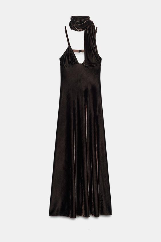 VELVET DRESS WITH SCARF DETAIL - Brown by Zara - Image 0