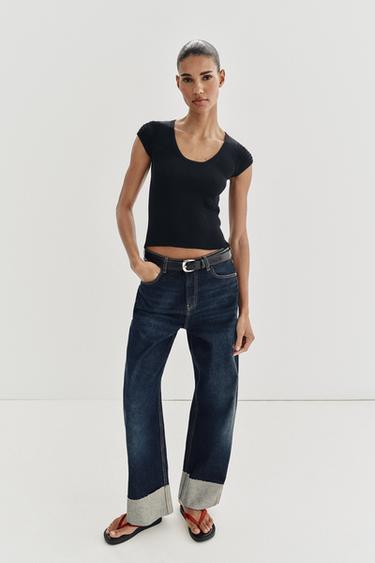 ТРИКОТАЖНЫЙ ТОП С КОМБИНИРОВАННЫМИ РУКАВАМИ — МОРСКОЙ СИНИЙ от Zara