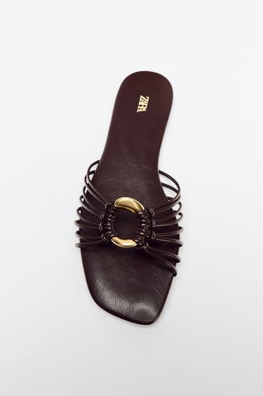 Zara FLAT SANDALS WITH METALLIC TRIM - Brown