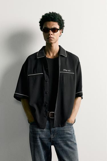 RELAXED FIT CONTRAST EMBROIDERY SHIRT - Black by Zara