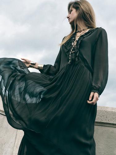 Vestido largo fluido detalle volante - Verde oscuro de Zara