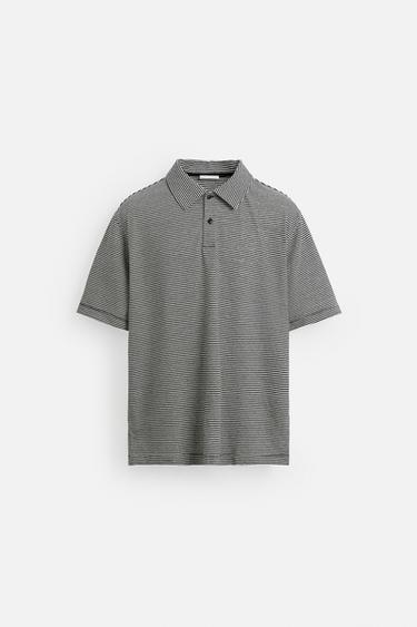 STRIPED LINEN/COTTON POLO SHIRT - Navy / White by Zara