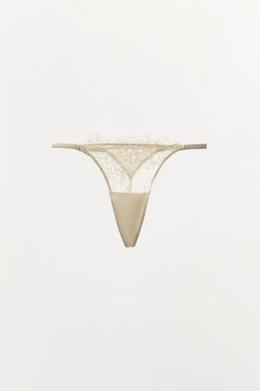 Zara EMBROIDERED LACE THONG - Ecru